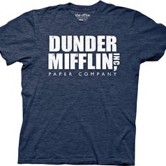 A blue t-shirt that says "Dunder Mifflin, Inc Paper Company"