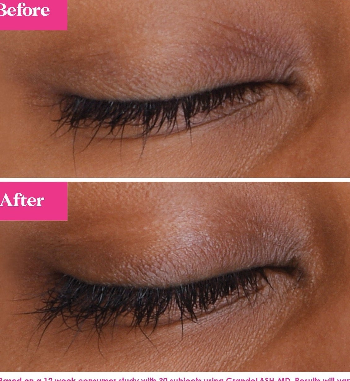 a before and after where the after shows lashes that are fuller, longer, and darker