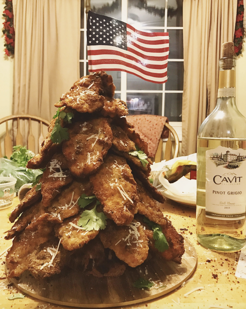 A Christmas tree made of chicken cutlets