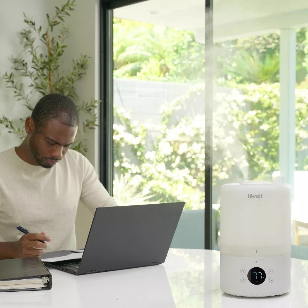 A man working indoors on his laptop next to the humidifier