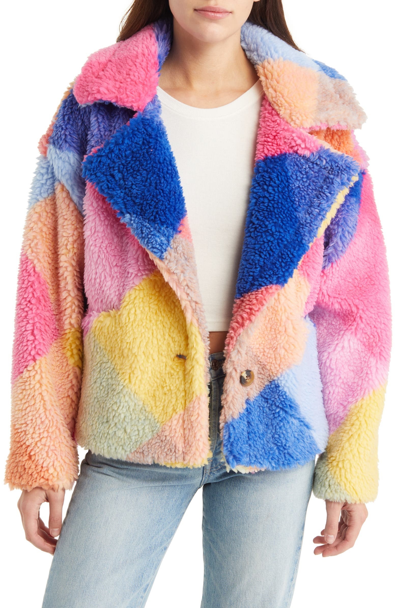 model in multicolored bright and pastel short teddy coat