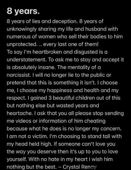 A long post by Crystal saying she wasted 8 years of her life with a deceptive, narcissistic, cheating husband