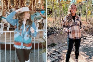 left: reviewer wearing denim printed shacket in front of merry-go-round. right: reviewer photo wearing brown shacket in the fall foliage.