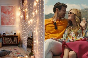 On the left, a bedroom with fairy lights on the walls, and on the right, Cameron and Daphne from The White Lotus staring into each other's eyes