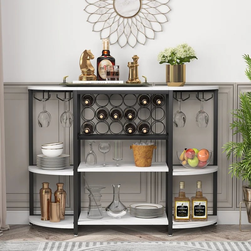 Wine rack filled with wine and bar decor