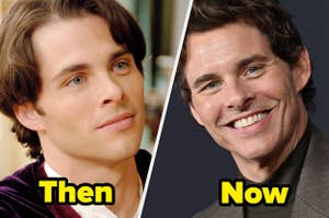 James Marsden in Enchanted and on the red carpet, on-image text: then now