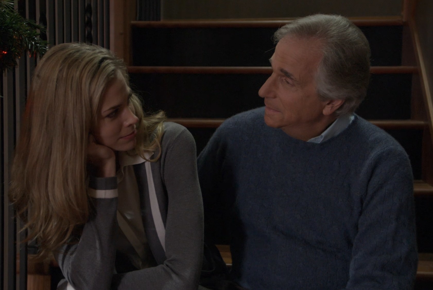 Brooke Burns and Henry Winkler as Jennifer and Ralph have a heartfelt conversation in &quot;The Most Wonderful Time of the Year&quot;