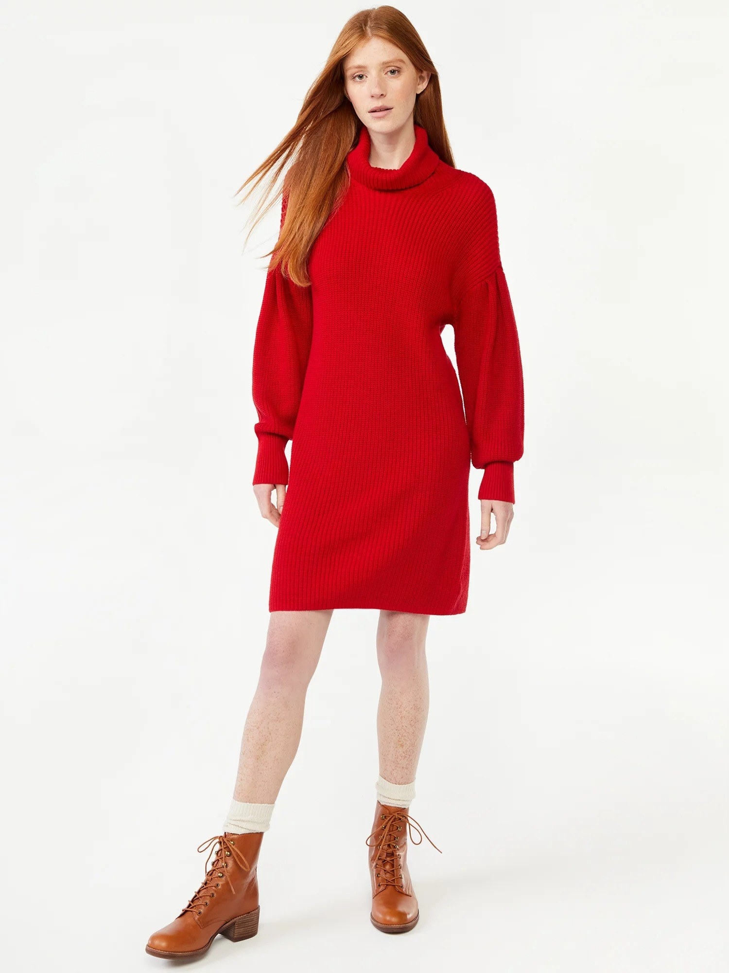 a model wearing the red sweater dress
