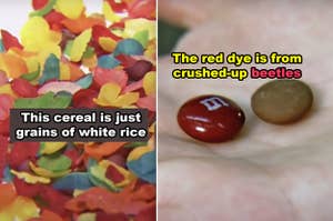 Side-by-side of flattened Fruity Pebbles and a coated + uncoated red M&M