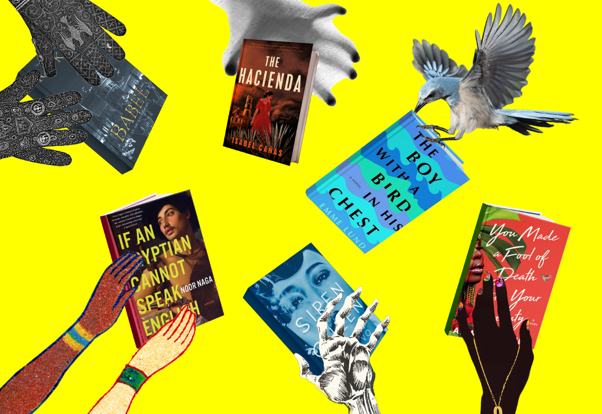 illustrations of human hands, birds, gloves, skeleton hands all reaching for different books against a bright yellow background