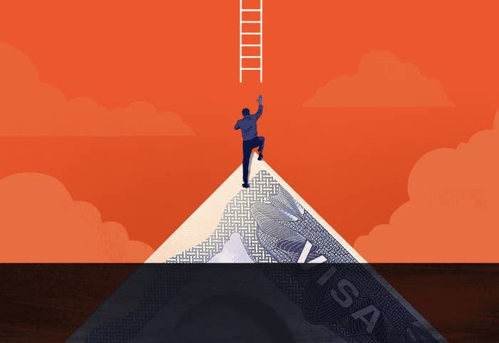 an illustration of a man climbing an iceberg reaching for a ladder, only the iceberg is the corner of a visa document