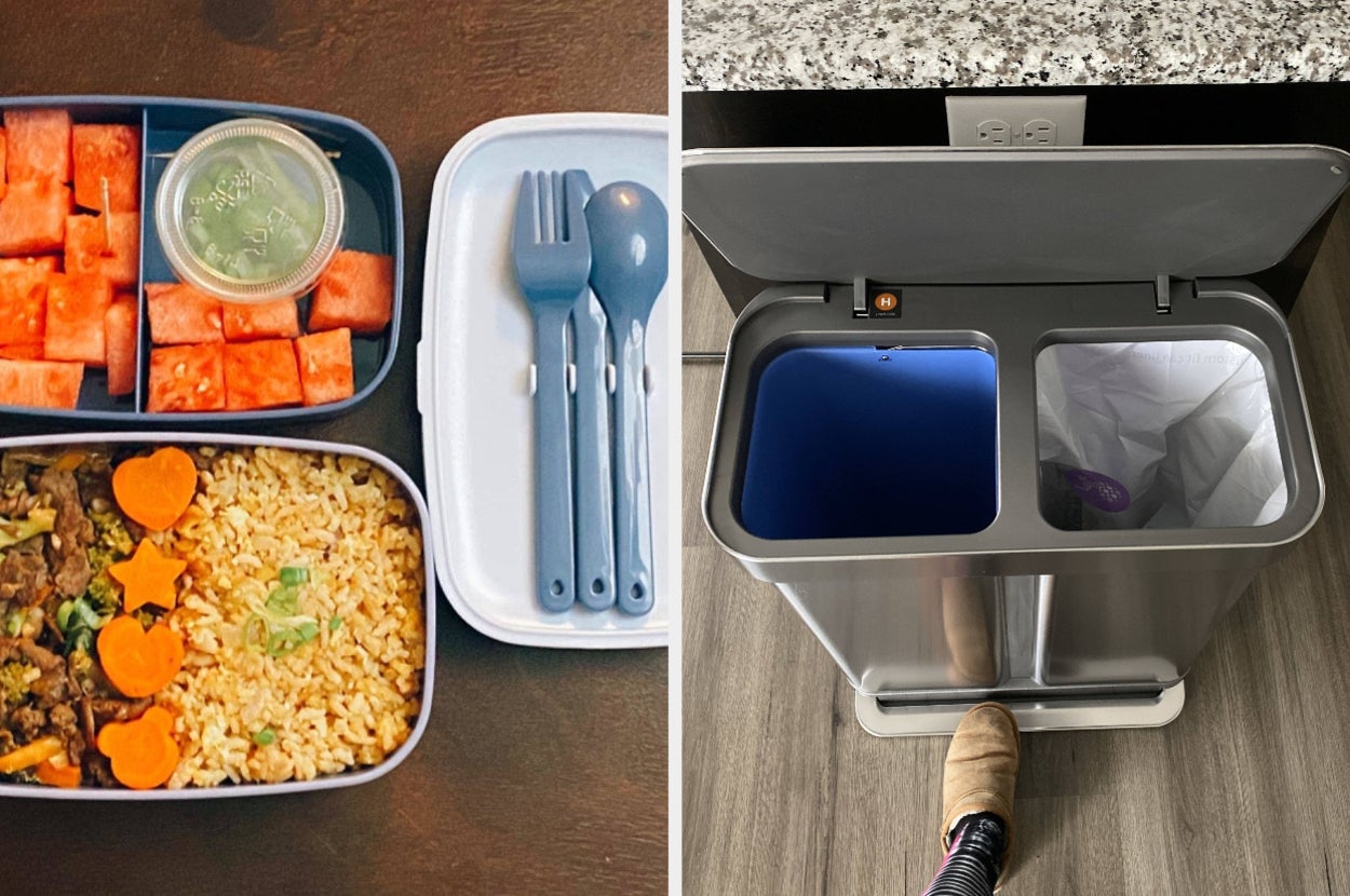 on left, blue and white bento box filled with fruit, veggies, and stir-fry. on right, silver Simplehuman trash can