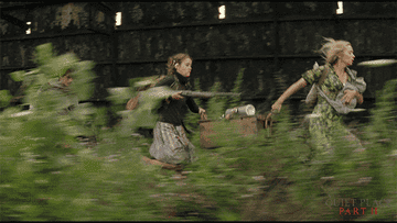 Scene from the Quiet Place: characters are sprinting and holding household items