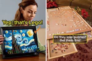 L: The Starry Night painting recreated with Lego R: puzzle board with text on image "do they love puzzles? get them this"