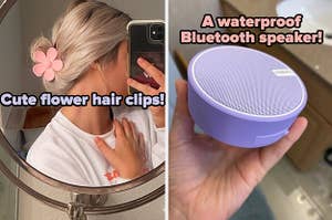 on the left a reviewer with a pink flower clip in their hair; on the right a reviewer's hand holding a purple waterproof Bluetooth speaker