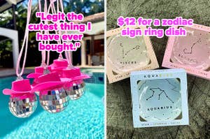 cowboy hat disco ball hanging accessory on the left and zodiac sign ring dish on the right