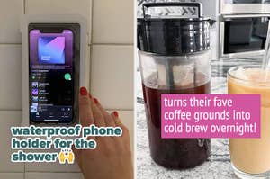 phone holder on the left and cold brew maker on the right