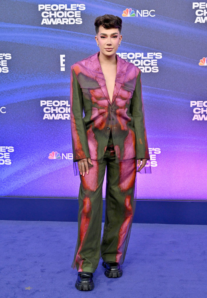 James Charles attends the 2022 People&#x27;s Choice Awards in a colorful suit