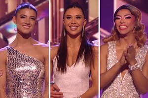 Charli D'Amelio wears a one shoulder gown, Gabby Windey wears a sparkly dress, and Shangela wears a v-neck sparkly gown