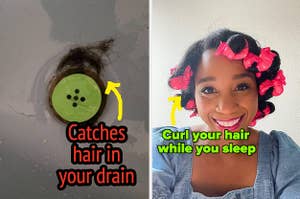 A hair catcher in a shower drain/A reviewer wearing soft curlers