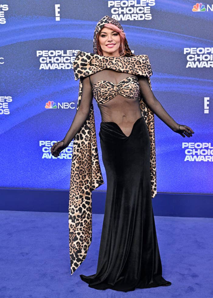 shania twain on red carpet with black and leopard dress