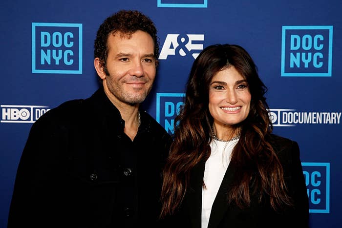 A closeup of Idina and Aaron