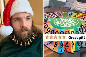 on the left a reviewer with ornaments in their beard; on the right a wheel of fortune blanket and text that reads "great gift"
