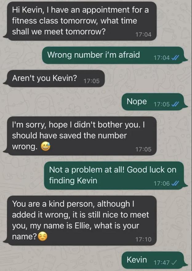 a scammer texting Kevin, the person texted saying they&#x27;re not Kevin, and the scammer asking for their name, to which they respond, &quot;Kevin&quot;