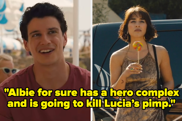 albie and lucia in white lotus with the text albie for sure has a hero complex and is going to kill lucia's pimp