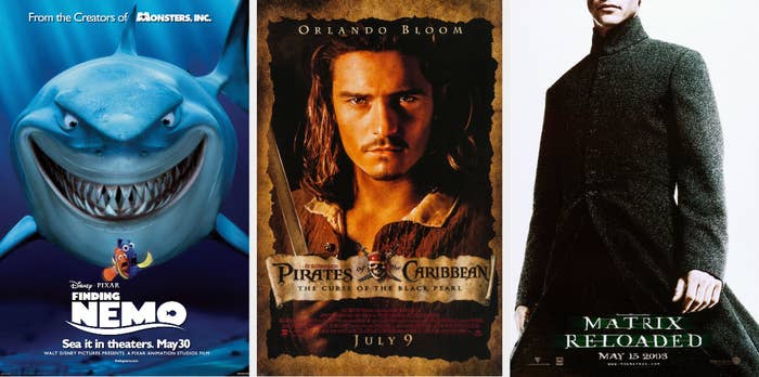 posters for Finding Nemo, Pirates of the Caribbean, and Matrix Reloaded