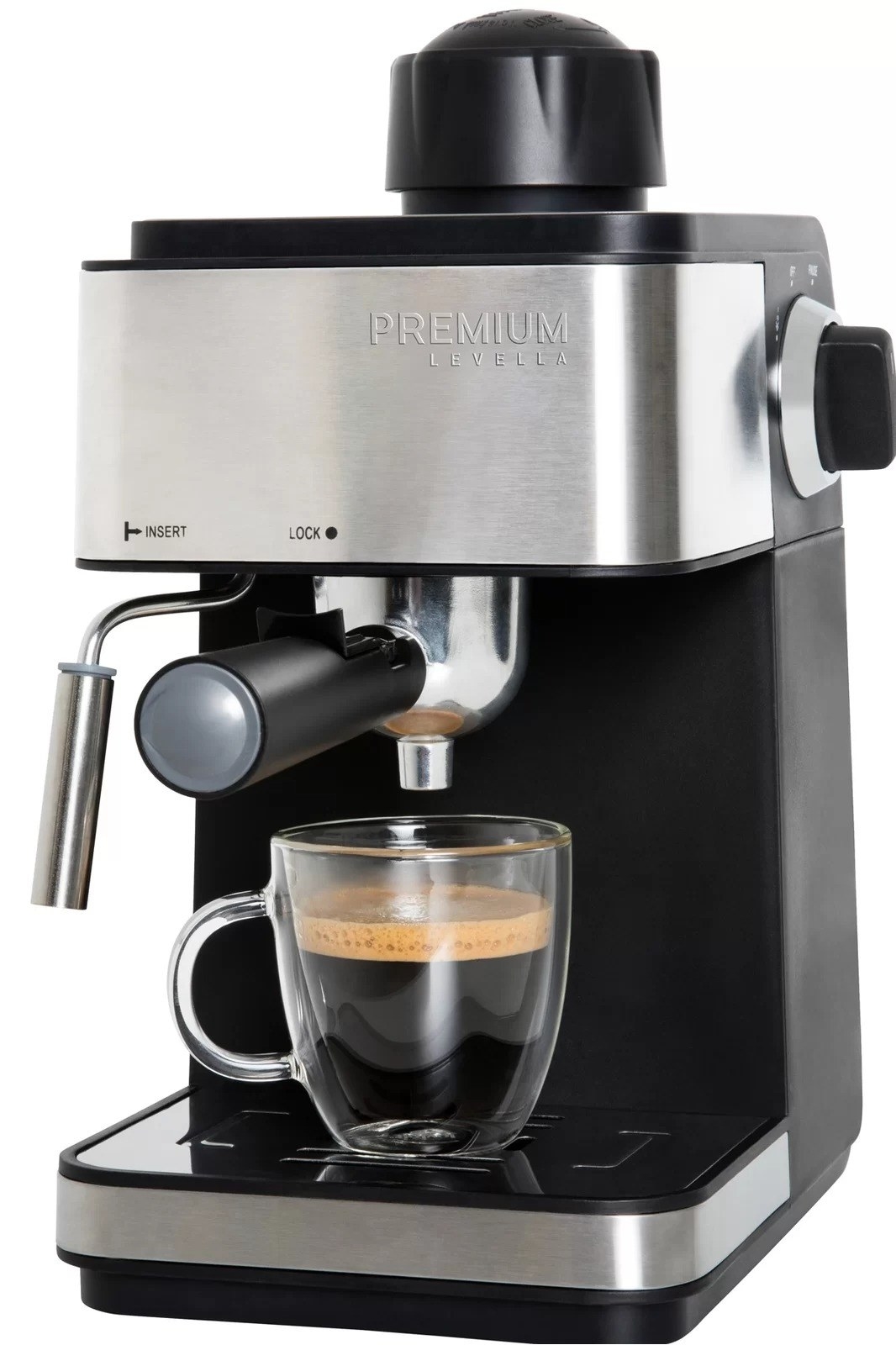 black espresso machine brewing a cup of espresso in a glass container