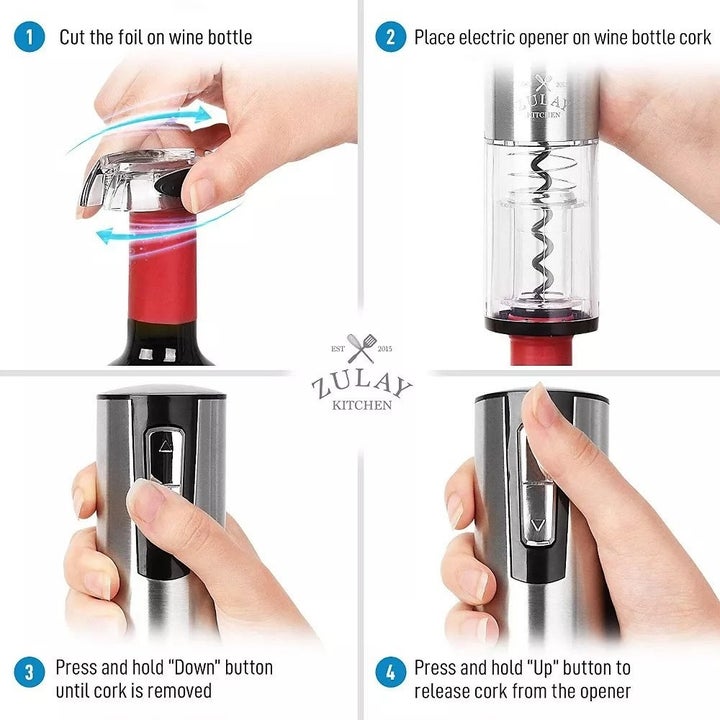 Four step images on how to use electric wine opener