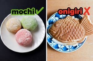On the left, some mochi labeled as mochi, and on the right, a taiyaki incorrectly labeled as onigiri