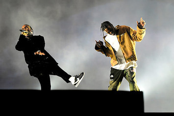 Rappers Kendrick Lamar (L) and Travis Scott.