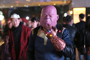 A man dressed as Marvel Comics character Thanos.