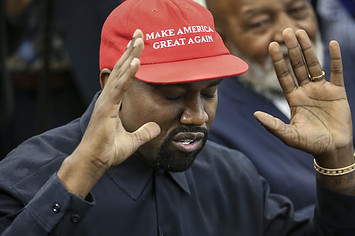 Rapper Kanye West speaks during a meeting with U.S. President Donald Trump.