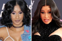 Cardi B wears a white tank top with a blue jean jacket and a black mesh choker. She also appears in a black dress with chest cutouts.