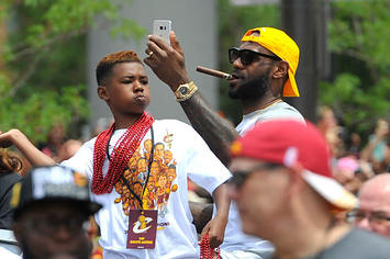 LeBron James and LeBron James Jr. at the Cavaliers' championship parade.