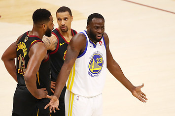 Draymond Green #23 of the Golden State Warriors reacts as Tristan Thompson.