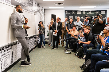 LeBron James addresses the media after the opening ceremonies of the I Promise School.