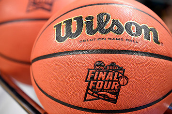 An official basketball is shown with the NCAA Final Four logo.