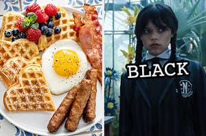 On the left, a plate with sausage, bacon, a sunny side up egg, and heart-shaped waffles topped with berries, and on the right, Wednesday from Wednesday labeled black