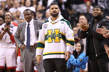 Drake at a Toronto Raptors basketball game.