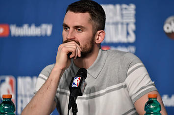 Kevin Love at a postgame press conference.