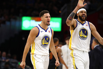Klay Thompson #11 and JaVale McGee #1 of the Golden State Warriors.