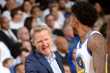 Nick Young #6 and Head Coach Steve Kerr of the Golden State Warriors.