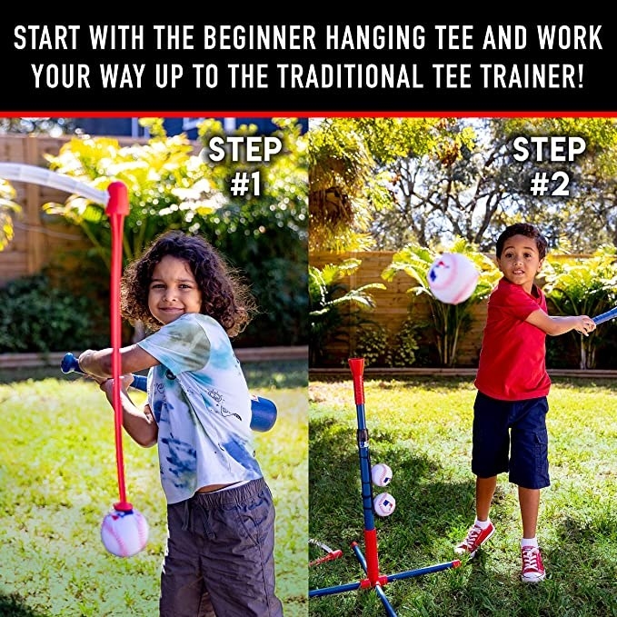 Two pictures showing stages of tee ball set