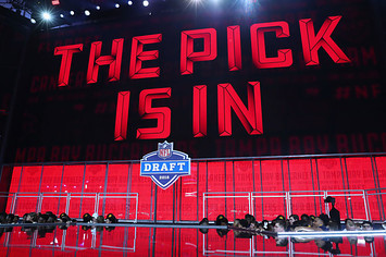 A video board for the Tampa Bay Buccaneers during the first round of the 2018 NFL Draft