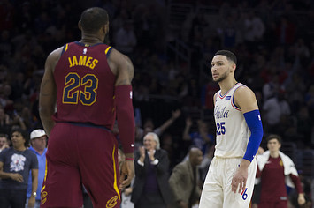 LeBron James #23 of the Cleveland Cavaliers and Ben Simmons #25 of the Philadelphia 76ers.