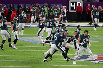 The Philadelphia Eagles run on the field after defeating the New England Patriots.